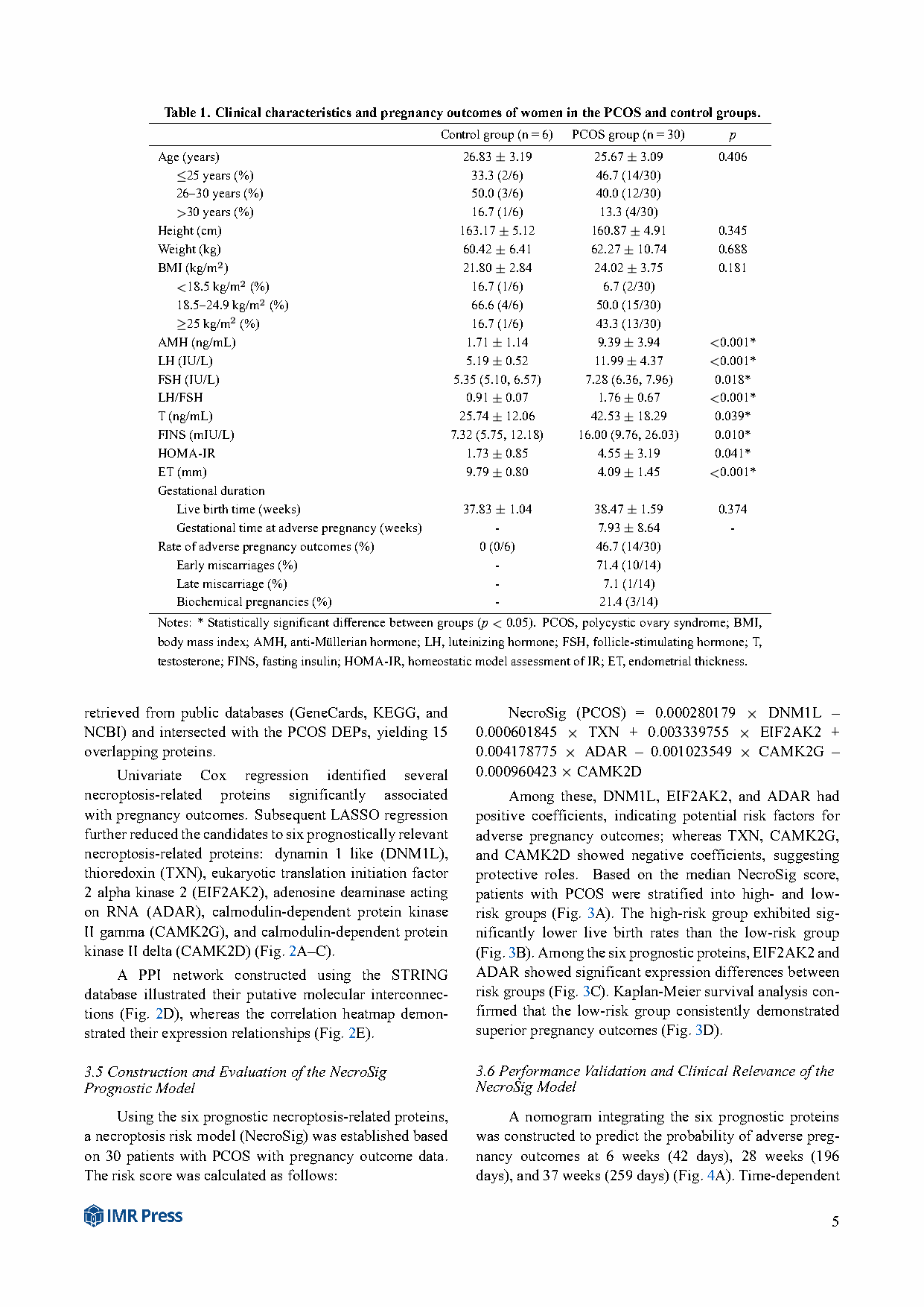 临床特征表和NecroSig公式